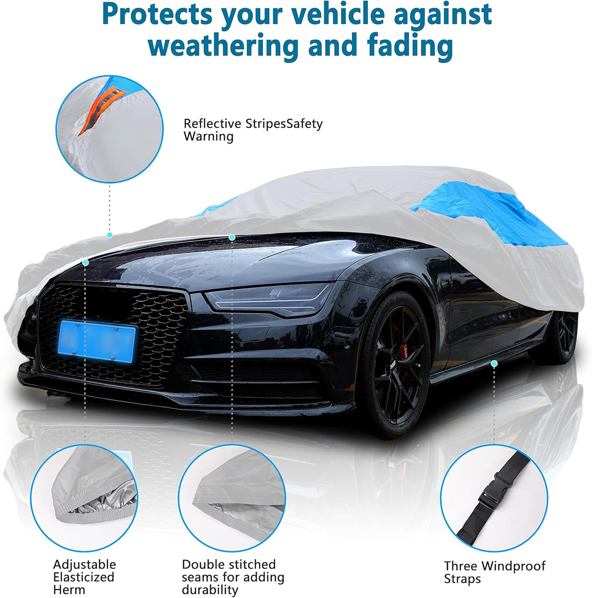 MORNYRAY Waterproof Car Cover All Weather Snowproof UV Protection Windproof Outdoor Full car Cover, Universal Fit for Sedan (Silvery, A2-Fit Sedan Length(Up to 177 inch)