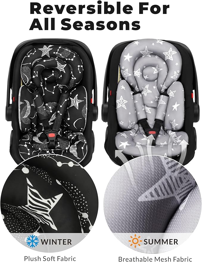 Infant Car Seat Insert with Removable Cushion for Preemie to Toddler, Reversible Newborn Carseat Insert for Baby Head Body Support, Fits for Stroller, Baby Swing, Bouncer (Black Star)