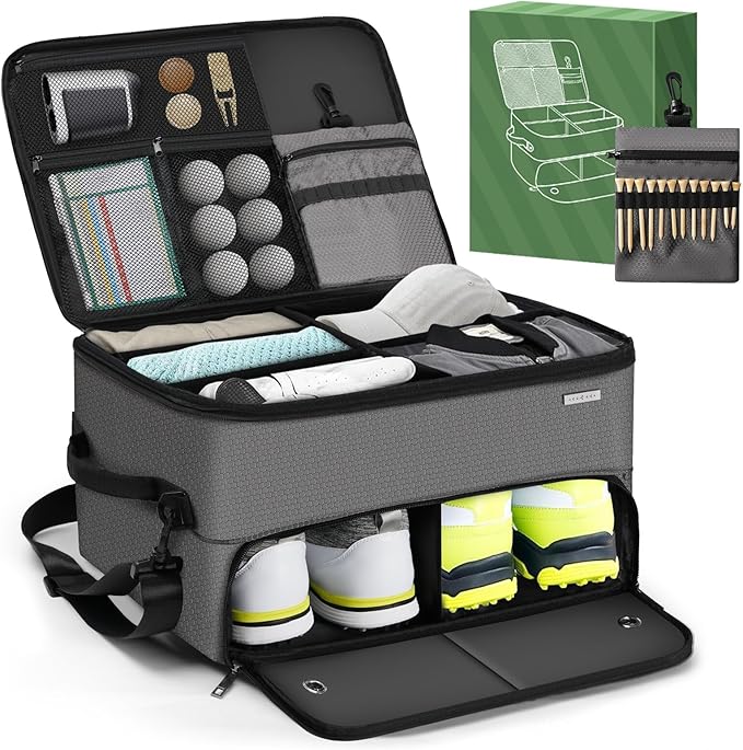 Golf Trunk Organizer for Car SUV with Shoe Compartment & Divider | 2-Layer Golf Storage Bag for Balls, Tees, Accessories | Waterproof Golf Locker Gift for Men, Dad, Golfers