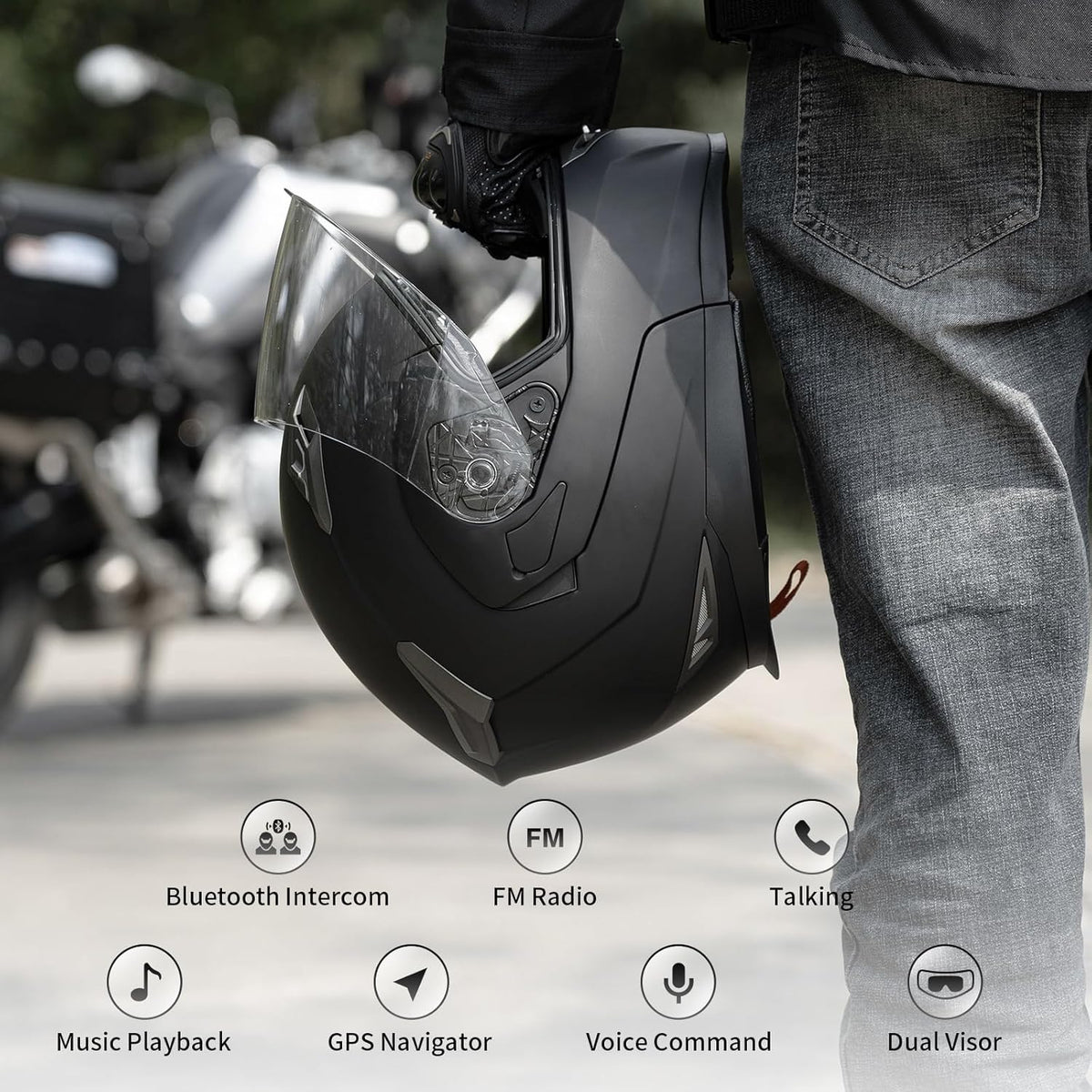 Motorcycle Helmet Bluetooth 5.0 Integrated New EPS FreedConn BM2-S Modular Flip Up Dual Visor Motorbike Helmet DOT FMVSS-218 Approved MP3 FM for Adults Men Women(X-Large, Glossy Black)