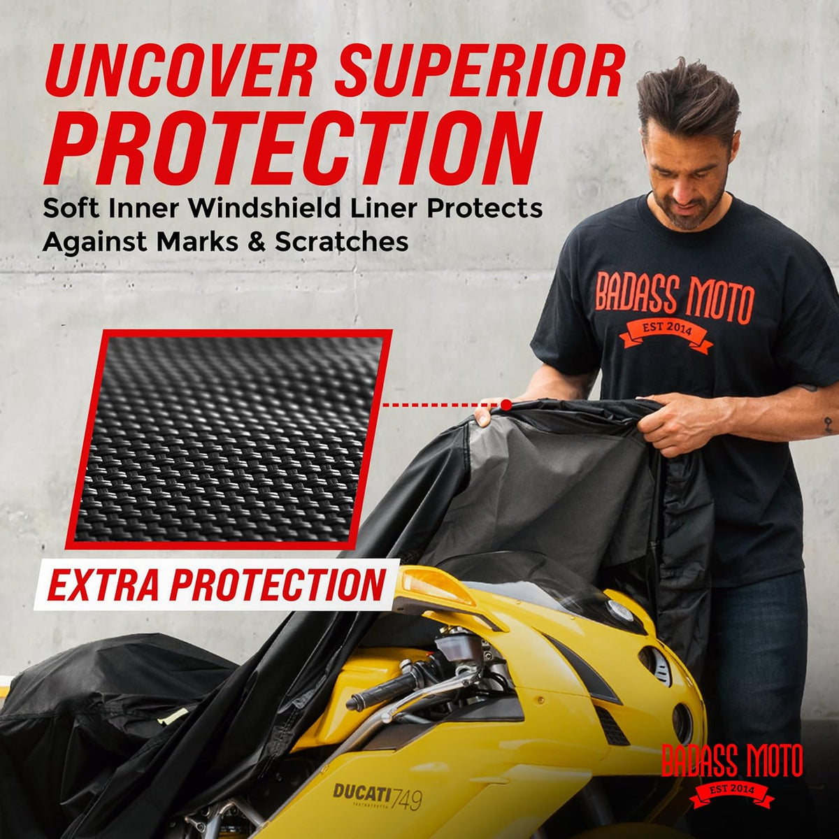Badass Moto Ultimate Motorcycle Cover Waterproof Outdoor, Heavy Duty Motorcycle Cover for Harleys - Motorcycle Sun Cover, Fits Harley Davidson Motorcycle Covers, Street or Sportbike Cover - Small