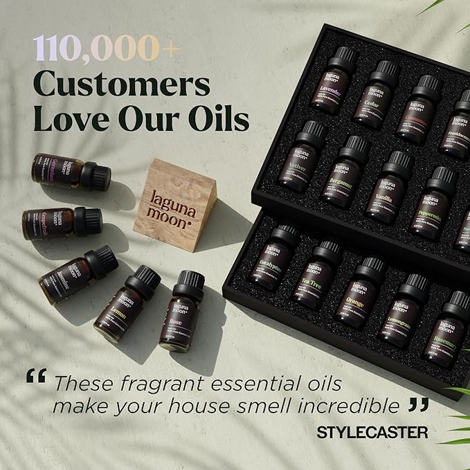Lagunamoon Essential Oils Set, Top 20 Gift Set Oils for Diffusers, Humidifiers, Aromatherapy, Candle Making Scents, Cars & Home Products, Peppermint, Tea Tree, Lavender, Eucalyptus, Lemongrass (10mL)