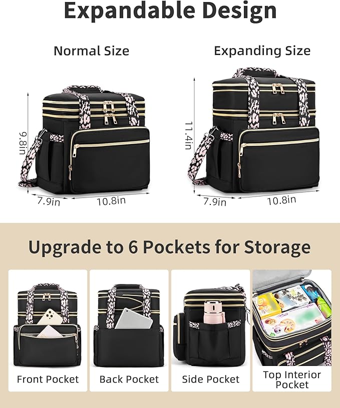 Double Deck Lunch Box for Women, Expandable Insulated Large Lunch Bag Women Leakproof Lightweight Lunch Cooler Bag Durable Lunchbox for Work Outdoor Travel, Black