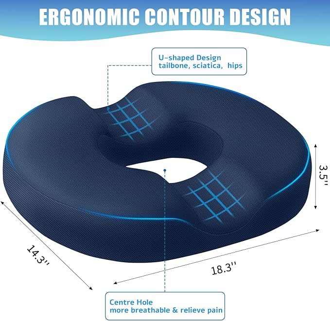 BlissTrends Donut Pillow Seat Cushion, Donut Chair Cushions for Postpartum Pregnancy & Hemorrhoids, Tailbone Pain Relief Cushion, Memory Foam Lifting Cushions for Office & Home Chairs (Blue, X-Large)