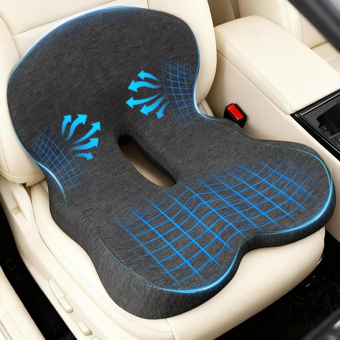 Denchy Car Seat Cushion with Lumbar Support for Long Sitting, Ergonomic Memory Foam Driving Seat Cushions for Semi Truck Bus Driver Trucker, Non Slip Office Chair Cushion (Dark Gray)