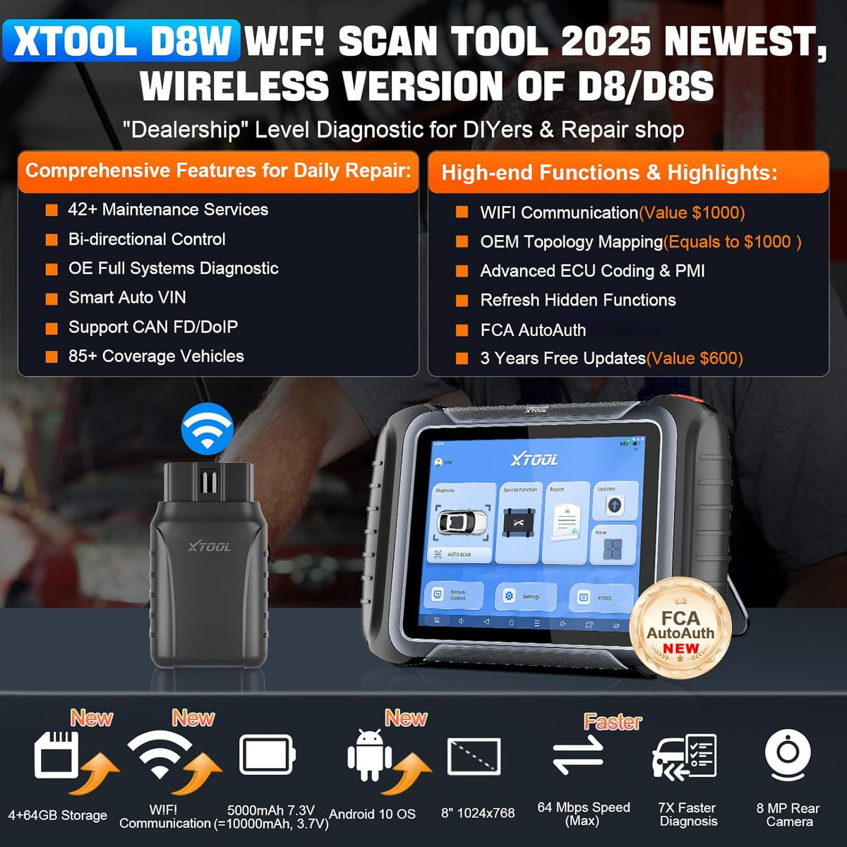 XTOOL D8W Wireless Bidirectional Scan Tool, 2025 OBD2 Scanner with Topology, FCA AutoAuth, 3-Year Updates, ECU Coding, PMI, 42+ Resets, Full Diagnostic Scanner for Car, Crankshaft Relearn, CAN FD/DoIP