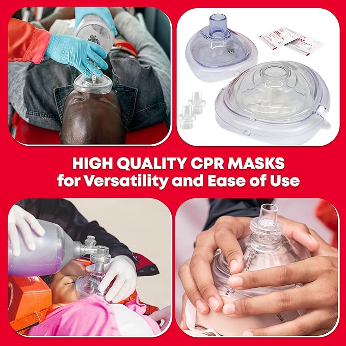 Adult and Infant CPR Mask Combo Kit – 4-Pack – 8 Valves, 4 Gloves, 8 Alcohol Pads – Latex-Free, Portable Pouch for First Responders