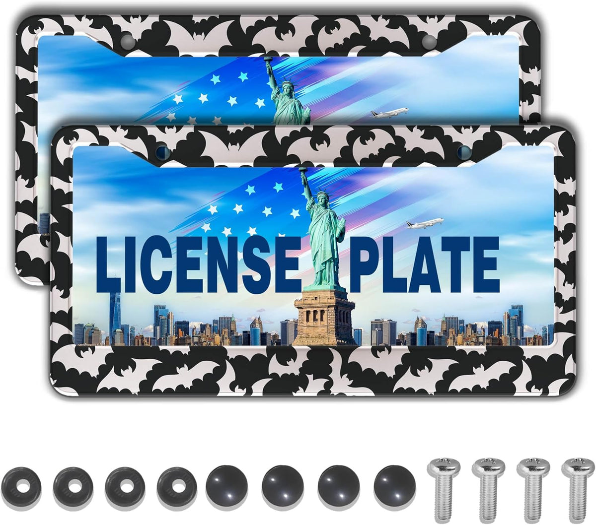 License Plate Cover for Women Black and White License Plate Frames for Men Dense Bats Aluminum Metal Car Accessory 2 Pack with Screw Covers Set