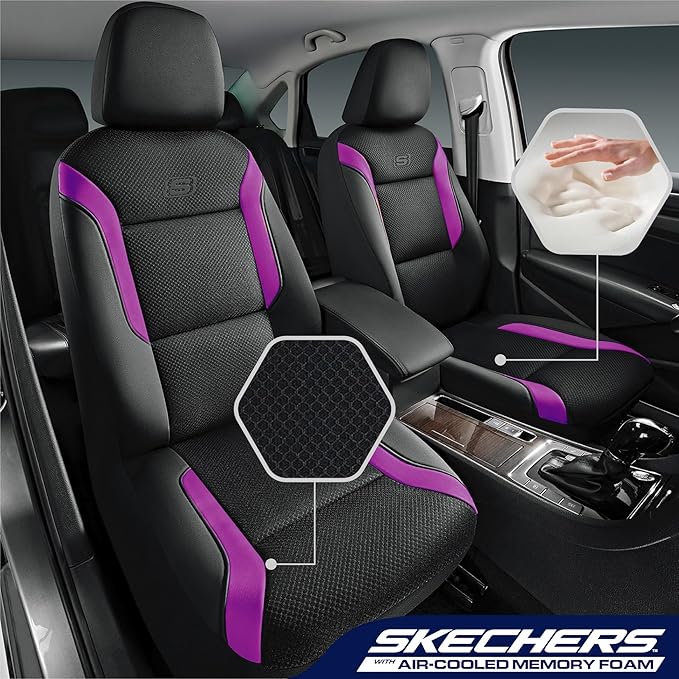 Skechers Memory Foam™ Car Seat Covers, Air Cool Mesh Thick Seat Covers, Car Seat Full Sets, Airbag Compatible, Automotive Comfort Protection for Most Cars,Vans,Trucks, SUVs,Purple