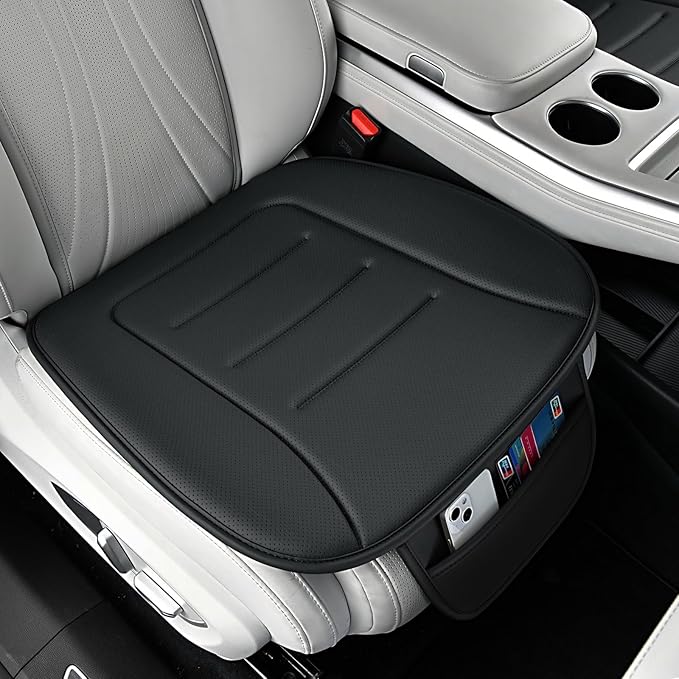KAYI Car Seat Cushion, Comfort Memory Foam Car Cushions for Driving, Breathable Leather Surface with Anti Slip Rubber Bottom, Seat Cushion for Car and Office Chair (2 Pack, Black)