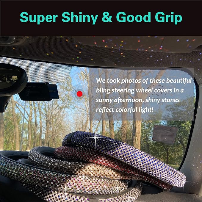 PINCTROT D Shaped Bling Comfy Steering Wheel Cover with Jumbo Crystal Rhinestones, Anti-Slip Diamond Leather, Flat Bottom 14.5-15 Inch (Purple)