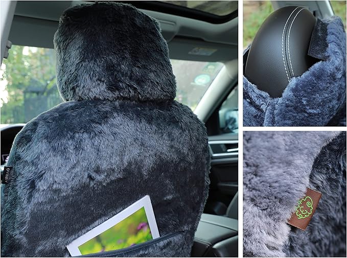 Genuine Sheepskin Seat Cover Lambskin Seat Cover Winter Car Seat Cover Lambs Wool Sheep Skin Fuzzy Shearling Car Accessories with Curve Patten (Gray with bit of Bluish Tint)