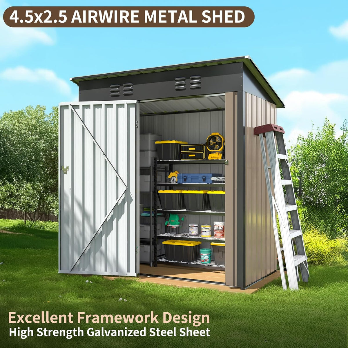 WKM 5x3 FT Outdoor Storage Shed, Utility Metal Tool Storage with Lockable Doors and Updated Frame Structure, Large Metal Garden Shed for Backyard, Patio Lawn,Brown