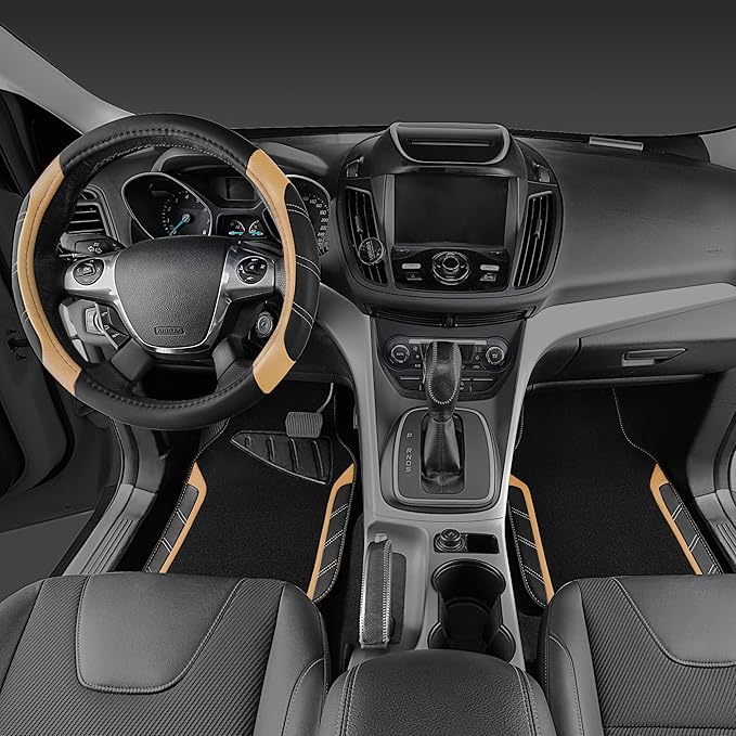CAR PASS Microfiber Steering Wheel Cover and Waterproof Car Floor Mats,Leather Universal Car Combo Fit for 95% Truck,SUV,Cars,14.5-15inch Sporty Anti-Slip Safety Comfortable Design(Black and Beige)
