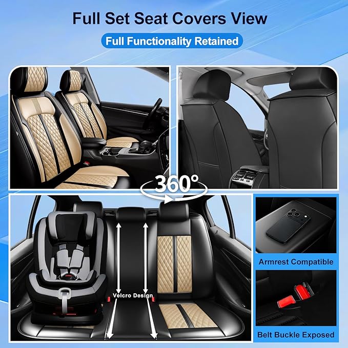 Fit Insight Car Seat Covers for Honda Insight 2010-2022 Premium Leather, Airbag Compatible, Scratch-Resistant, Waterproof All Weather Seat Protector, Airbag Compatible, Full Set, Black+Beige