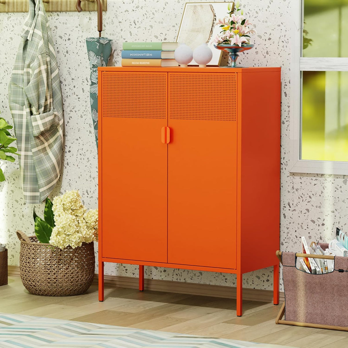 2 Mesh Door Metal Cabinet with Adjustable Shelves, Multipurpose Orange Storage Cabinet, 3-Tier,Metal Storage Cabinet for Office Home,Hallway(Orange, 47''H)