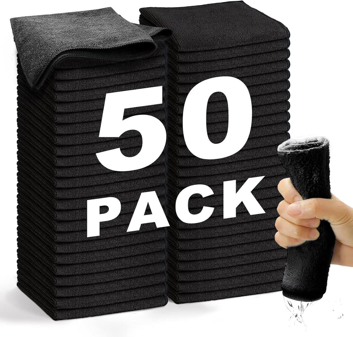 Microfiber Cleaning Cloth-50Pcs (13x13 inch) Ultra Soft Highly Absorbent Rags for Cleaning, Reusable and Lint Free Towels for Housekeeping-Machine Wash (Black)
