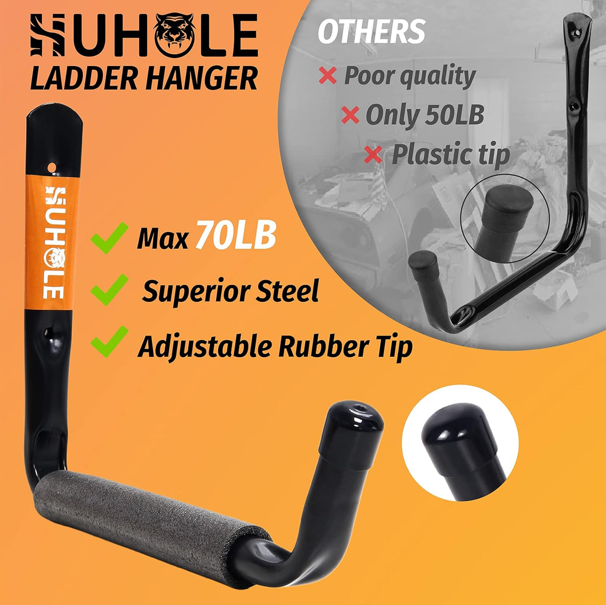 HUHOLE Ladder Hooks for Garage Wall, Wall Mount Ladder Brackets with 9.8" Jumbo Arm, Utility Hooks for Bike, Folding Chair, Bulk Items