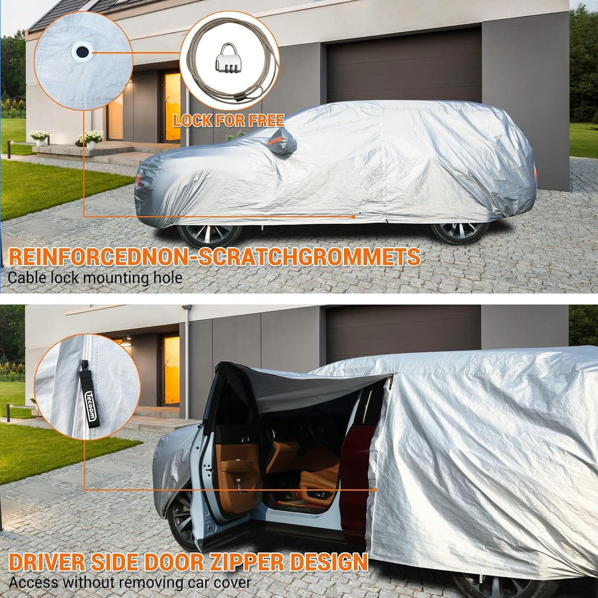Tecoom Car Cover Waterproof All Weather, Fleece Lining with Zipper Door Lock Car Covers for Automobiles, 3 Layers Full Outdoor Car Cover Wind Snow Hail UV Sun Protection Fit for SUV (191-205 Inch)