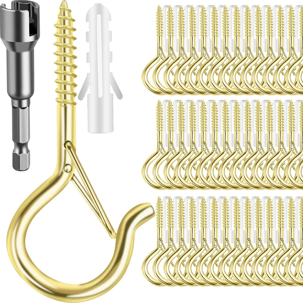 96 PCS Q-Hanger Hooks, Screw Hooks for Outdoor String Lights, Safety Buckle Design Cup Eye Hook for Hanging Christmas Lights, Plants, Mounted on Wall Ceiling, Include 1 Wing Nut Driver, Gold