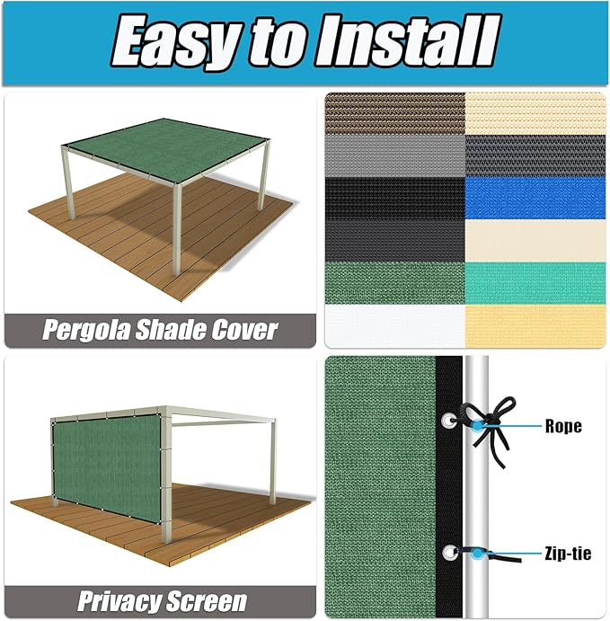 Amagenix 90% Pergola Shade Cover 7' X 13' Sun Shade Cloth with Grommets for Outdoor Garden Patio Porch, Commercial Grade 200 GSM - Cable Zip Ties Included (We Customized) GN108, Green