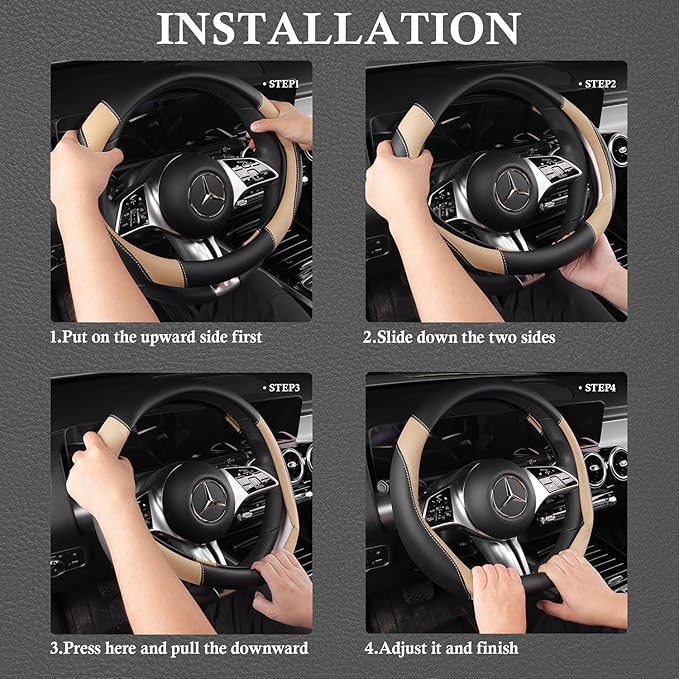 CAR PASS Faux Leather Steering Wheel Cover and Waterproof Car Floor Mats,Universal Car Combo Fit for 95% Sedan,SUV,Cars,14.5-15inch Sporty Anti-Slip Safety Comfortable Design(Black＆Beige)