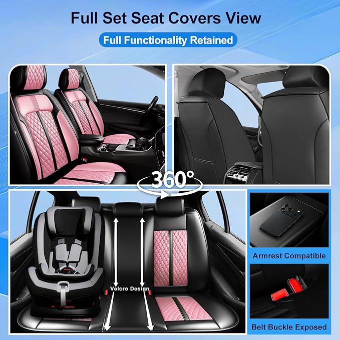 Fit Insight Car Seat Covers for Honda Insight 2010-2022 Premium Leather, Airbag Compatible, Scratch-Resistant, Waterproof All Weather Seat Protector, Airbag Compatible, Full Set, Black+Pink