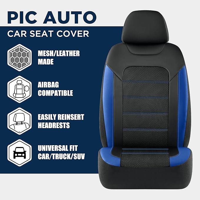 PIC AUTO Car Seat Covers, Premium Leather and Air Mesh Automotive Sports Seat Covers, Two Front Set, Airbag Compatible Universal Fits Most Cars, SUVs, Trucks and Vans (Black & Blue)