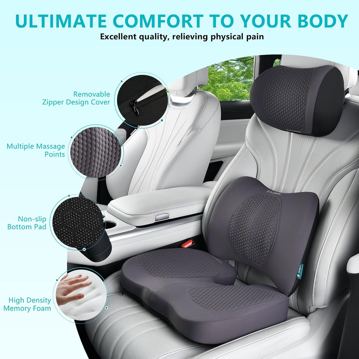 FLORICH Car Seat Cushion and Back Support for Office Chair Memory Foam Chair Cushions Pressure Relief Seat Pads with Gel Massage Point Lumbar Support Relief Sciatica & Tailbone (Grey)