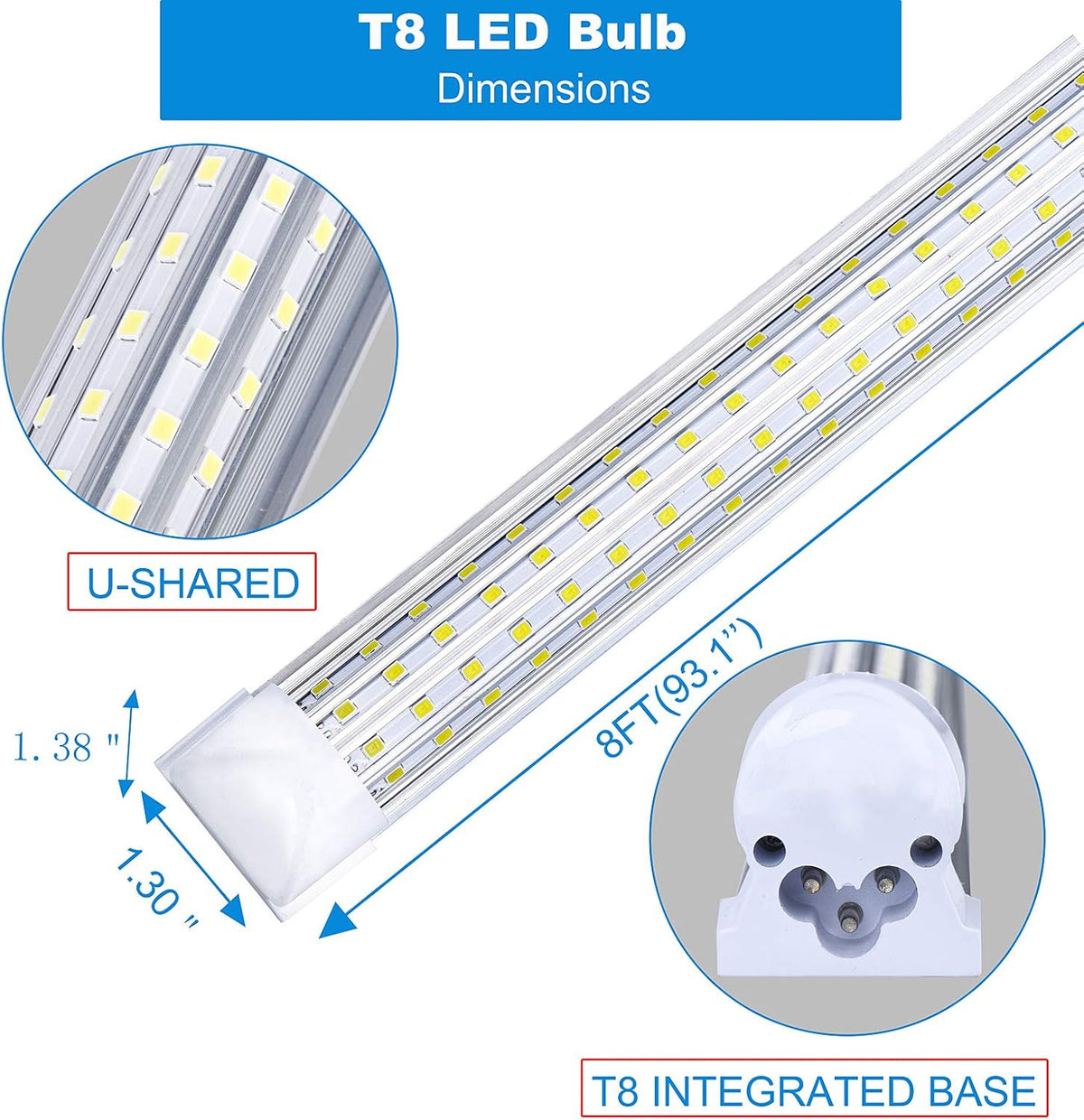 6 Pack, 8FT LED Shop Light Fixture, 144W 18500LM 5000K, Daylight White, U Shape, Clear Cover, Hight Output, Linkable Shop Lights, T8 LED Tube Lights, 8 LED shop lights for garage 8 foot with plug