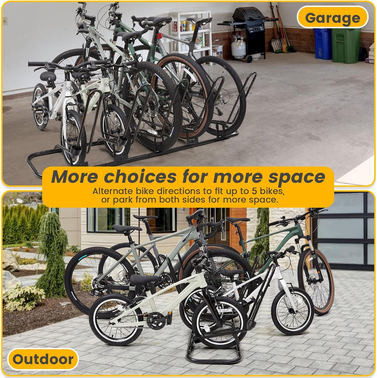 Floor Bike Rack for 5 Bikes, Safeguard Disc Brakes & Derailleurs Design, Waterproof Bicycle Stand Indoor/Outdoor/Garage Use, Fits 12"-29" Tires, Upgraded 0.63" Steel Tubes for Stability