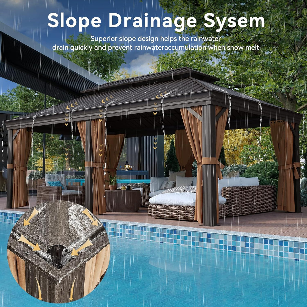 Aoxun 12' X 20' Permanent Hardtop Gazebo Aluminum Gazebo with Galvanized Steel Double Roof for Patio Lawn and Garden, Curtains and Netting Included, Brown