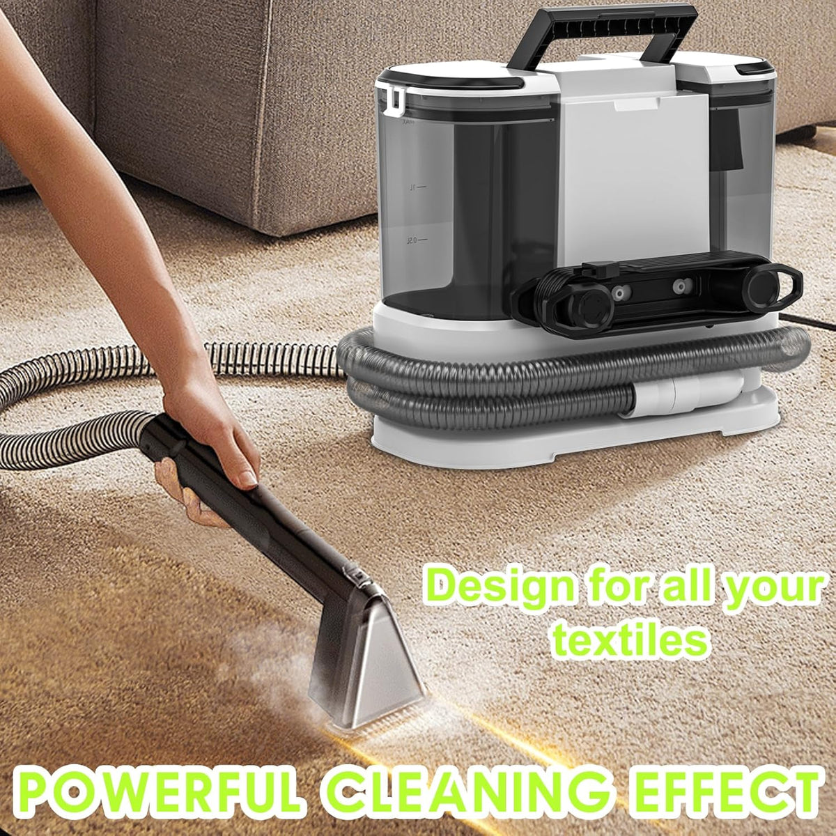 Portable Carpet & Upholstery Cleaner, Deep Cleaning for Rugs, Couch, Curtain, Car Interiors Stains, Pet & Family Friendly, 800W high-performance motor 21Kpa 120V (White)