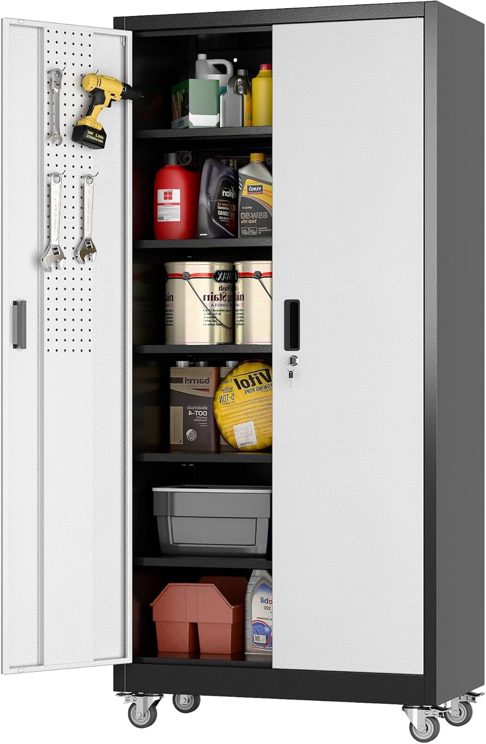 71"H×32"W×16"D Garage Storage Cabinet with Wheels & Pegboard, Locking Metal Storage Cabinet with Doors and 5 Adjustable Shelves & & 4 Hooks for Garage Warehouse Home Office, Black and Silvery