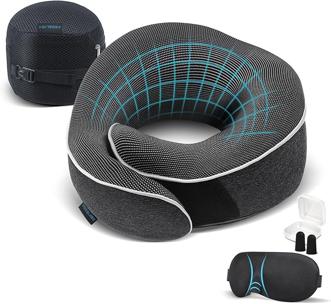 Proglobe Travel Neck Pillow 100% Memory Foam – Airplane & Car Travel Essentials Kit with 3D Eye Mask, Earplugs & Mesh Bag – Sleeping Support Pillow for Adults (Dark Grey)