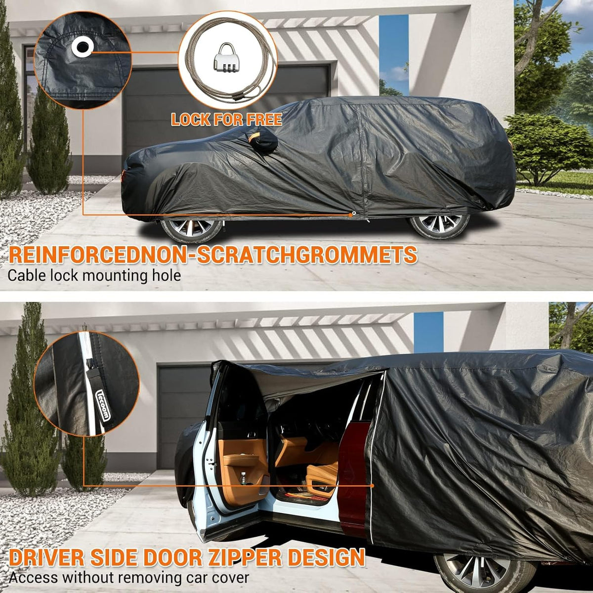 Tecoom Car Cover Waterproof All Weather, Thick Fleece Lining Car Covers for Automobiles with Lock/Zipper Door, Outdoor UV Sun Snow Windproof Hail Protector Car Cover SUV (170-190 Inch)