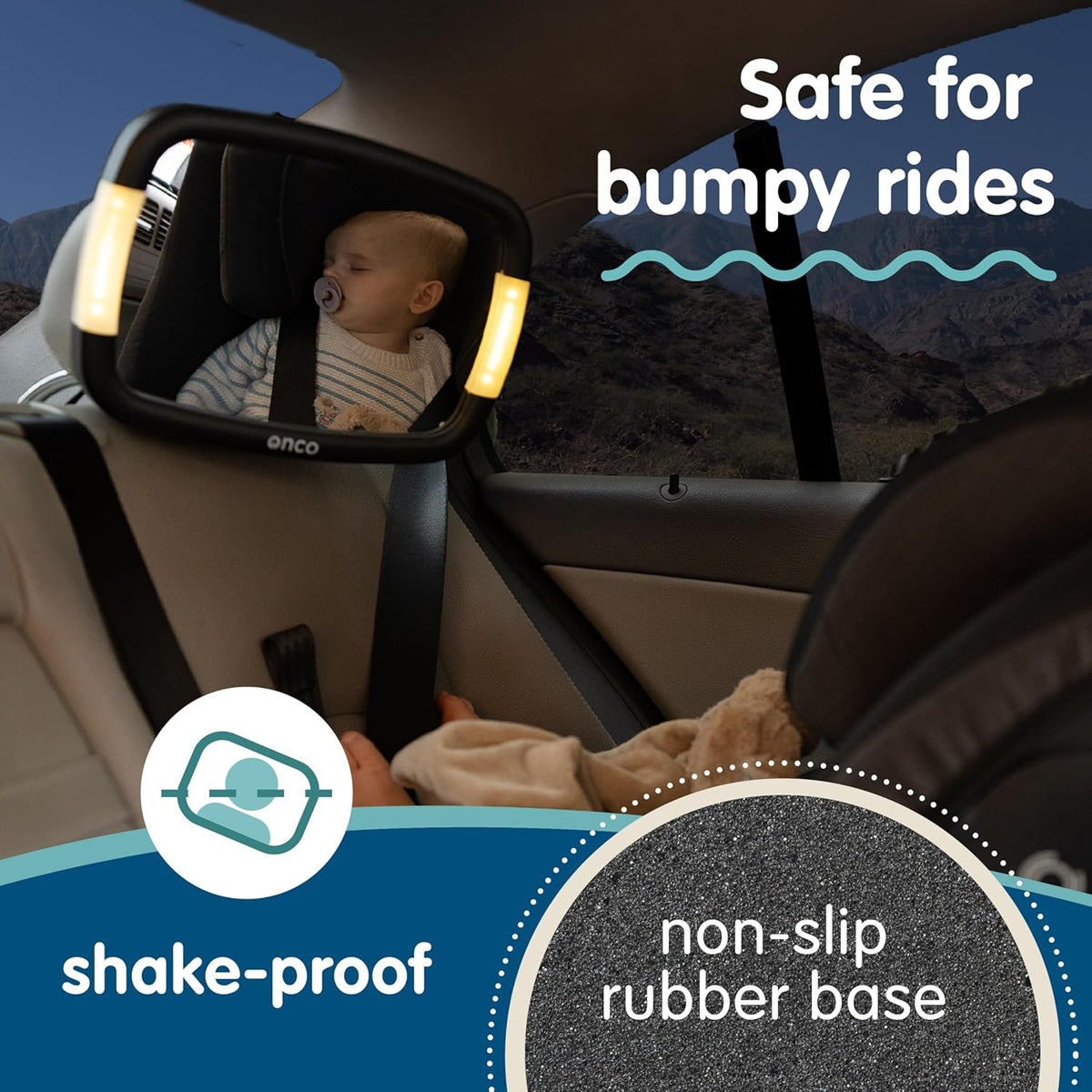 Onco LED Baby Car Mirror with Light - 2 Modes for Day & Night Driving, 100% Shatterproof & Shakeproof Car Mirror for Baby with 360° Rotation