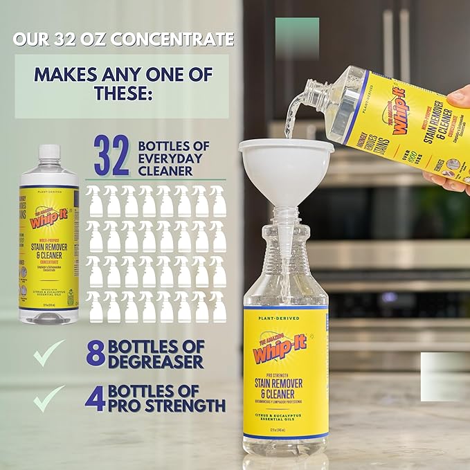 Whip-It All Natural Enzyme Cleaner Stain Fighting Kit - Professional Strength Stain Remover Spray 32oz and Concentrate Multi-Purpose Stain Remover 32oz - Made in the USA