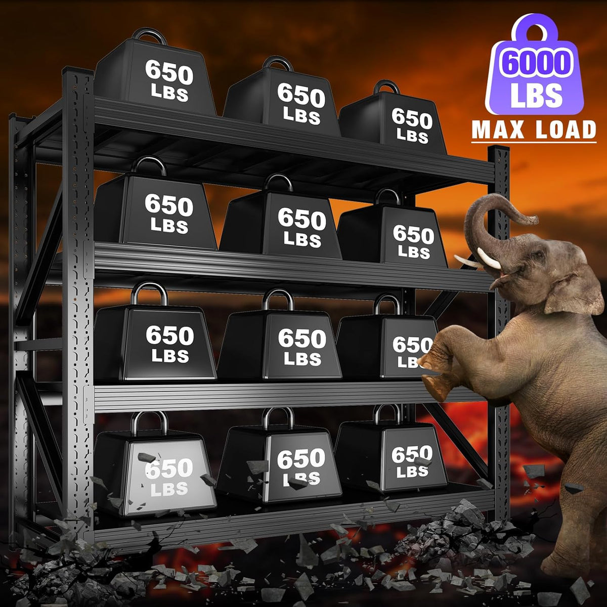 Metal Garage Shelving Unit, Heavy Duty 4-Tier Adjustable Storage Rack, 6000 LBS Loads Industrial Utility Shelves for Garages, Warehouses, Kitchen, Black, 63" W x 24" D x 63" H