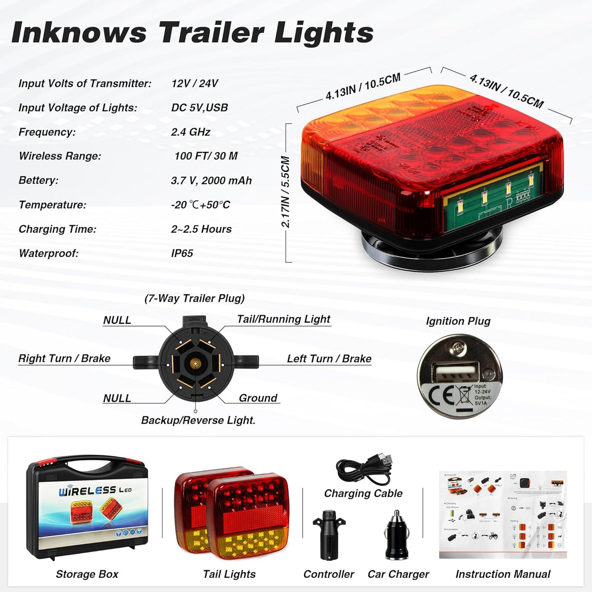 Wireless Magnetic Trailer Lights – Rechargeable LED Trailer Light Kit with Turn, Brake, Stop Lights, No Wiring Needed - Portable Wireless Lights for Truck, RV, Boat, Camper, Caravan, Utility Trailers