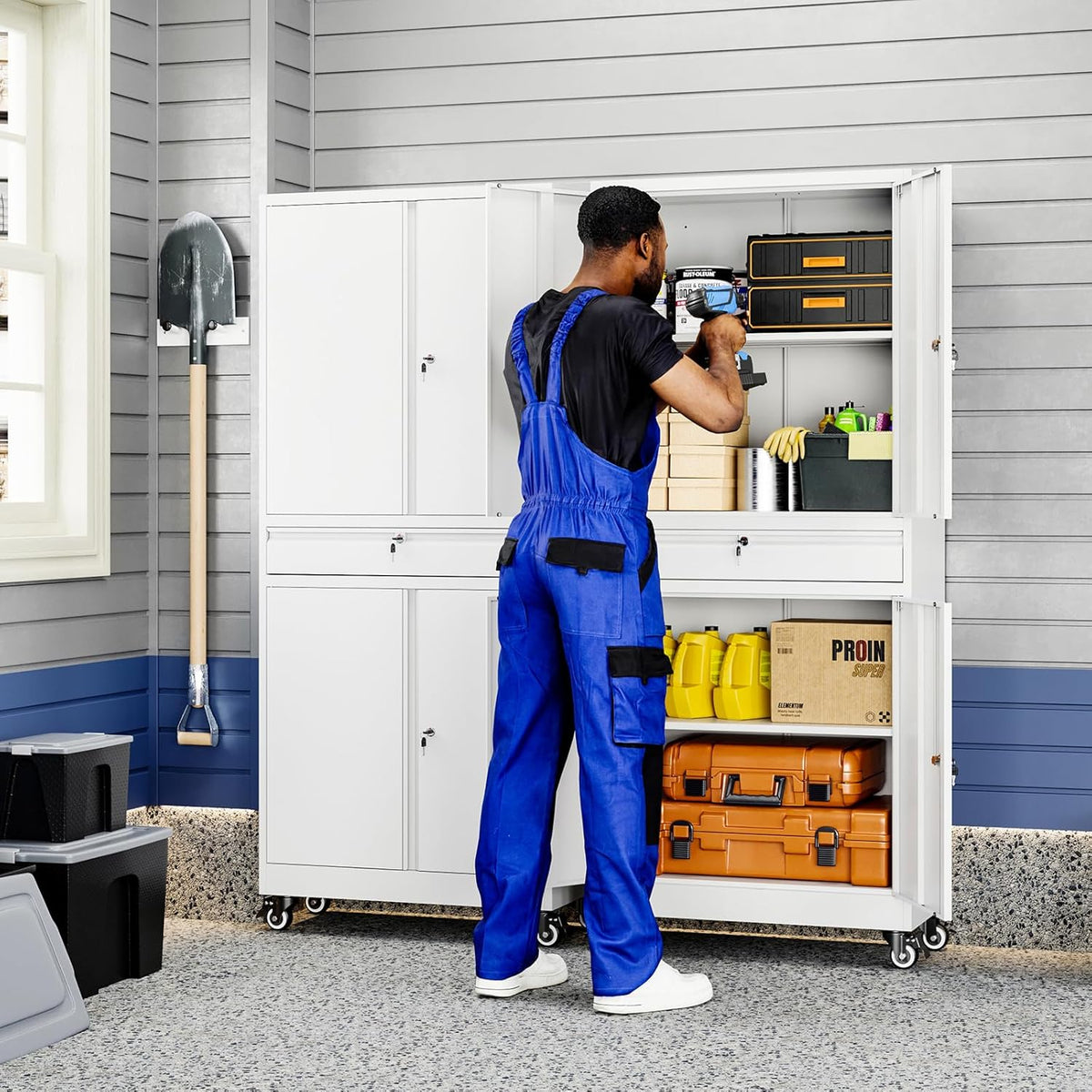 Yizosh Metal Garage Storage Cabinet with Locking Doors and Adjustable Shelves, 73" Rolling Tool Storage Cabinet with 4 Wheels and 1 Drawer for Garage,Warehouse