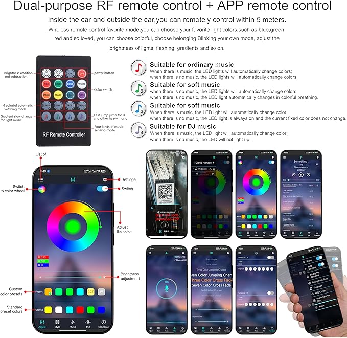 Car Ambient Lighting 64 Colors Multicoloured Music Footwell Lighting RF Remote Controller + APP Control Car DIY Decorative Atmosphere Lighting Kit DC 12V 1W