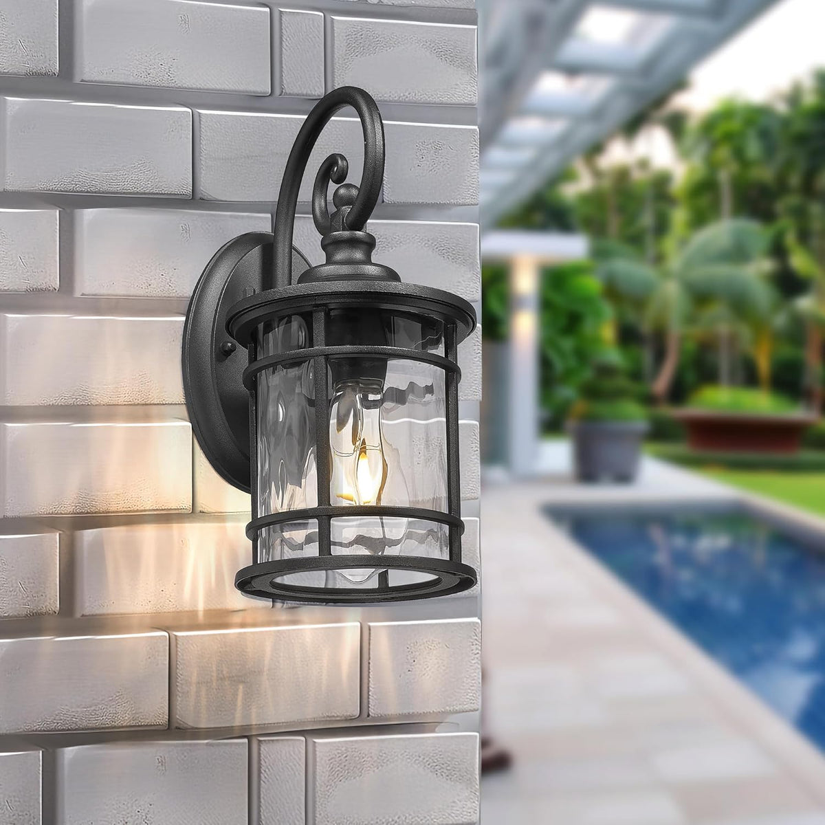 Emliviar Outdoor Lights for House, Outdoor Sconce Lights with Water Ripple Glass in Black Finish, XE229BWG-S BK