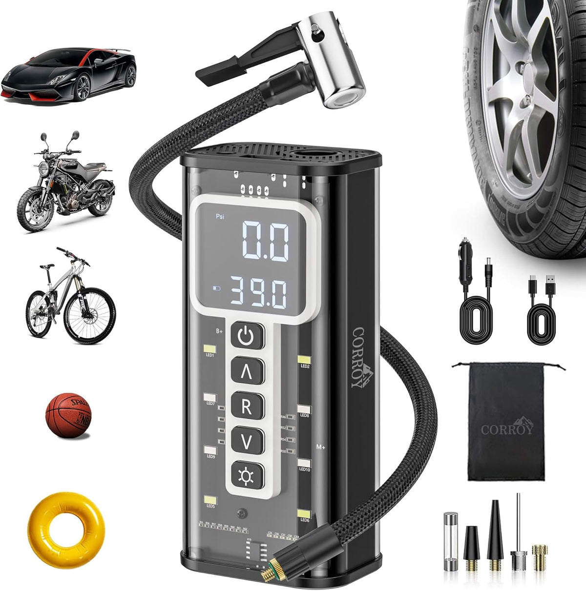Tire Inflator Portable Air Compressor – 20000mAh Battery, 150PSI Cordless Bike Pump, Dual 12V DC Power, Tire Pressure Gauge, Air Pump for Fast 5X Inflation for Cars, SUVs, Bikes & Balls