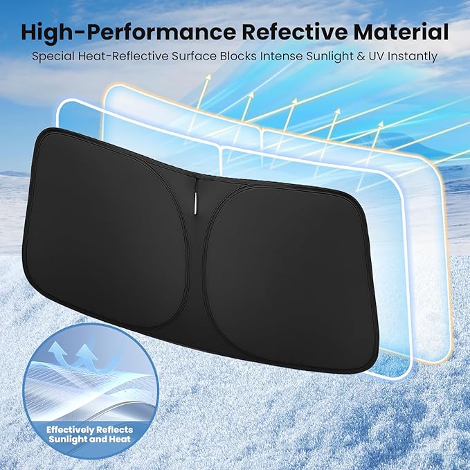Windshield Sun Shade for Dodge RAM 1500 2019-2023 2024 2025 – Custom Fit Sun Shield with Mirror Cut‑Out, Blocks Heat & UV, Foldable with Storage Pouch - Dodge RAM Windshield Sunshade