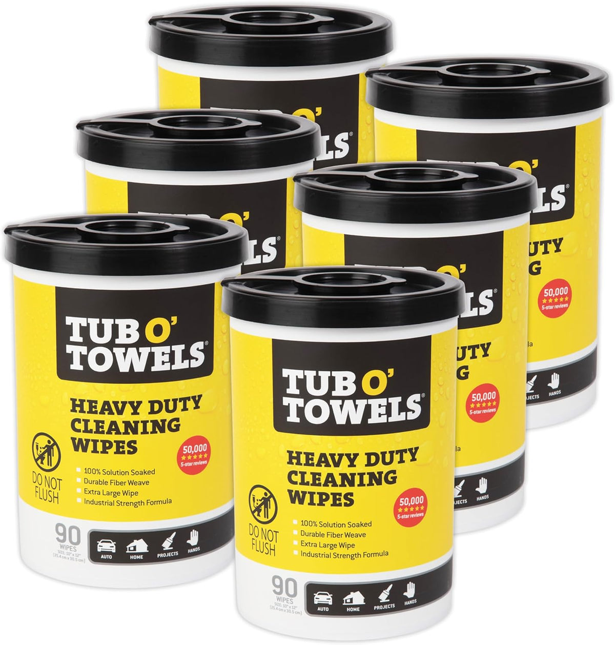 Tub O' Towels TW90 Heavy-Duty 10" x 12" Size Multi-Surface Cleaning Wipes, 90 Count Per Canister, 6 Pack