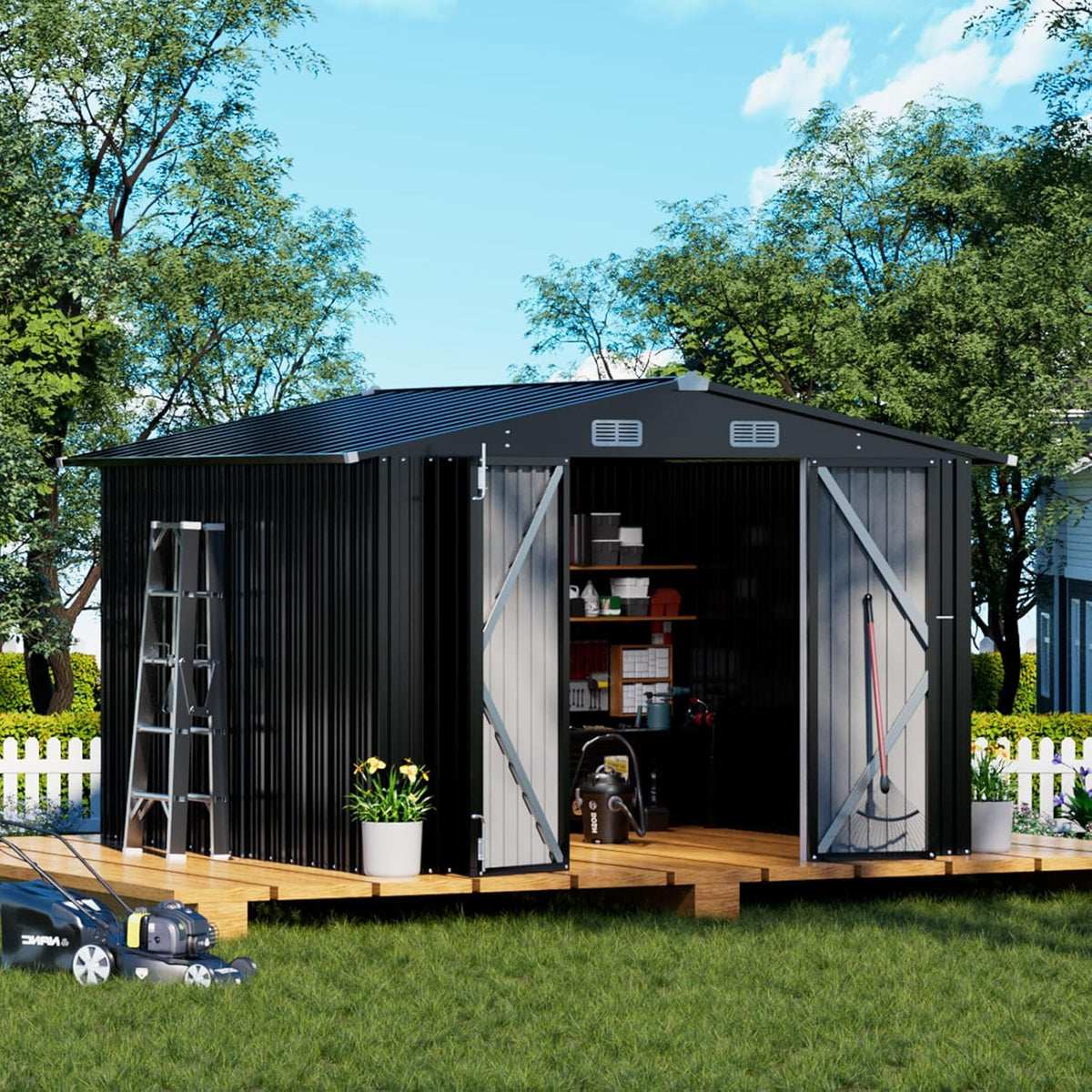 COMHOMA Shed Outdoor Storage Shed Metal,Lockable Doors Tool Sheds with Sloping Roof,Steel Garden Shed with Air Vent for Backyard,Patio,Lawn,Poolside (Grey, 10'*10')