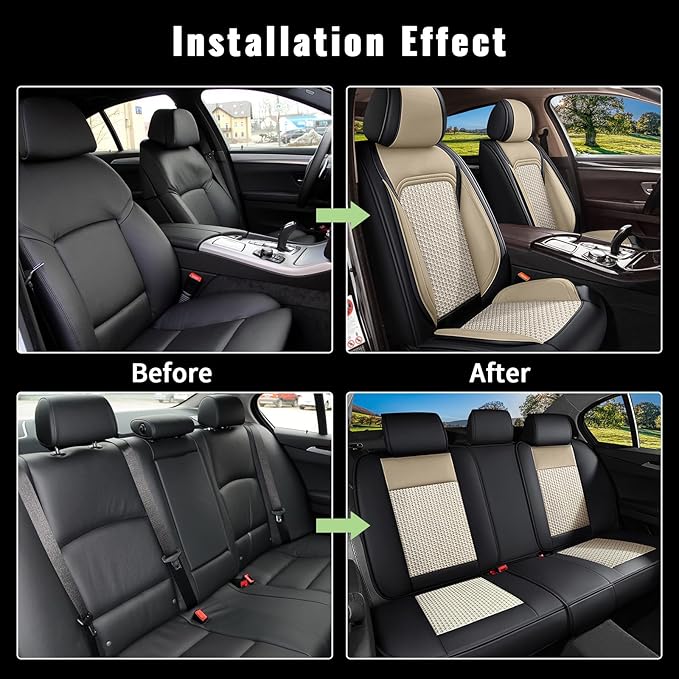 Car Seat Covers Full Set for Nissan Altima 2009-2024 2025 2026 - Breathable Cooling Ice Silk Leather Seat Cover - 5 Seats for Nissan Altima Accessories (Black&Beige)