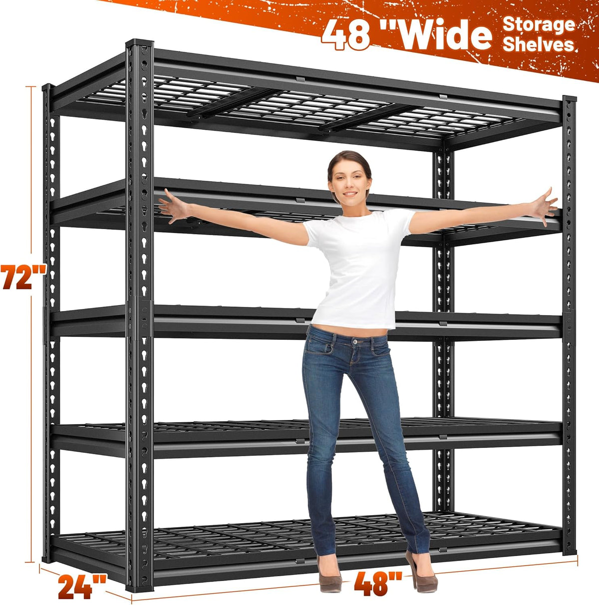 REIBII 48" W Garage Shelving 3000LBS Metal Shelving Heavy Duty Storage Shelves Adjustable Metal Shelf Industrial Pantry Shelves for Warehouse Garage Basement 48" W x 24" D x 72" H