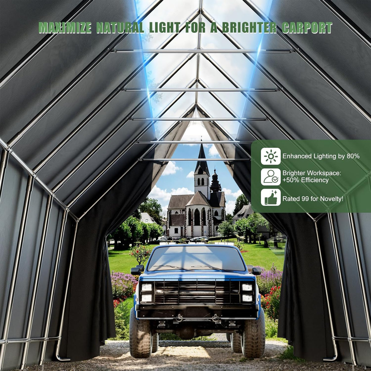 Skyview Portable Garage, 13x24 FT Heavy Duty Carport Canopy with Translucent Roof, Reinforced Metal Frame, Zipper Doors,All-Weather Resistant, Waterproof Outdoor Storage Shelter for Cars/RV/ATV